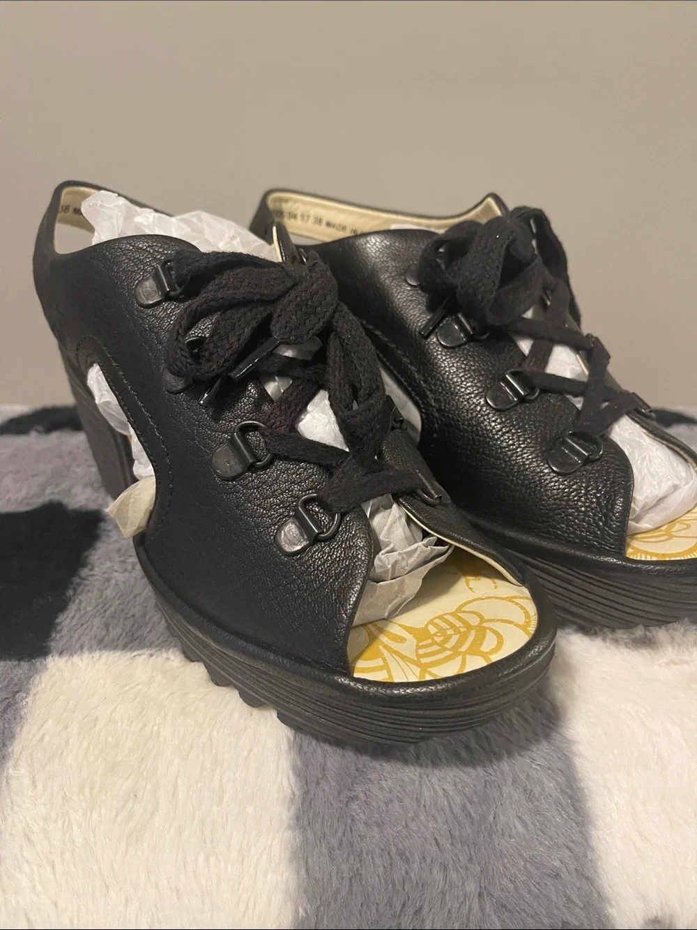 Fly London Black Lace-Up Leather Wedge Sandals